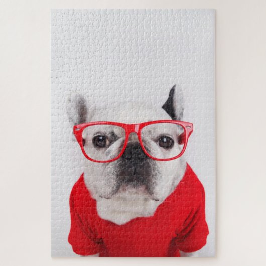 Franse hond met bril en Shirt Legpuzzel (Verticaal)