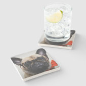 Franse hond met bril en Stropdas Stenen Onderzetter (Zijkant)