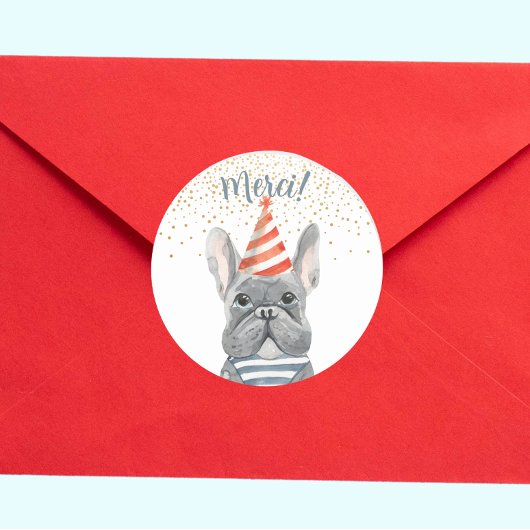 franse hond met Pet Merci Confetti Ronde Sticker