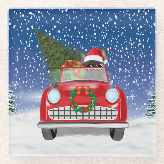 Franse hond rijdt met sneeuwkerst met auto glazen onderzetter (Voorkant)