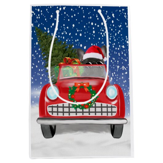 Franse hond rijdt met sneeuwkerst met auto medium cadeauzakje (Voorkant)