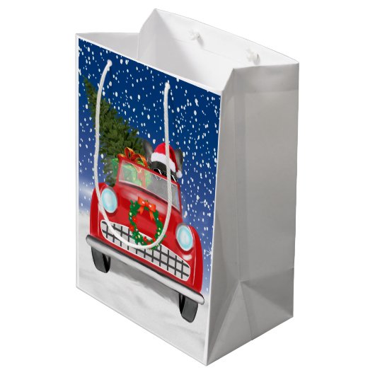 Franse hond rijdt met sneeuwkerst met auto medium cadeauzakje (Achterkant Gekanteld)