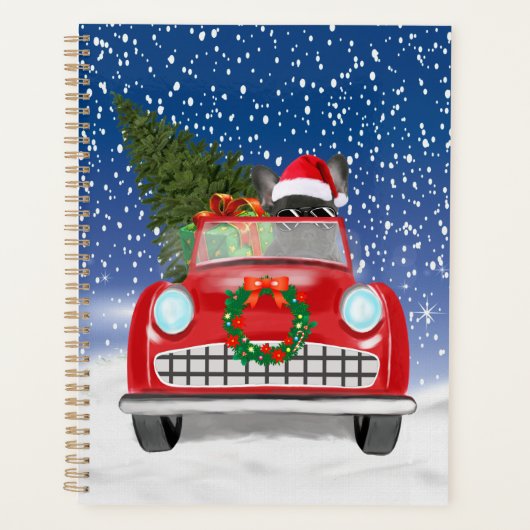 Franse hond rijdt met sneeuwkerst met auto planner (Voorkant)