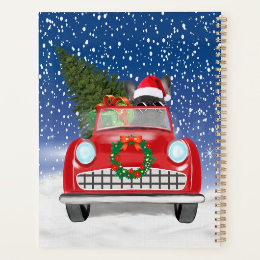 Franse hond rijdt met sneeuwkerst met auto planner (Achterkant)