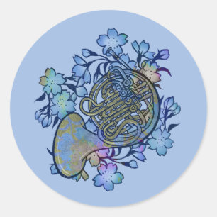 Franse hoorn blauwe bloemen band klasse ronde sticker