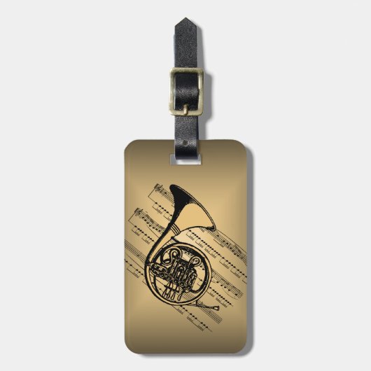 Franse hoorn met achtergrond voor muziek op vel bagagelabel (Voorkant verticaal)