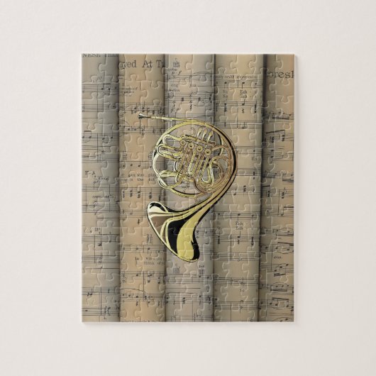 Franse hoorn ~ Rollend blad Muziek Terug ~ Musical Legpuzzel (Verticaal)