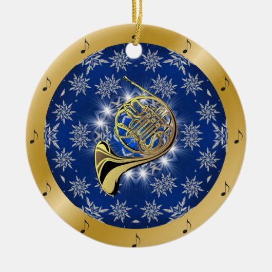 Franse hoorn ~ zilver ~ Blue ~ Gold ~ Kerstmis ~ Keramisch Ornament (Voorkant)