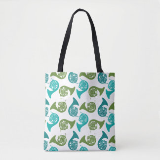 Franse hoornspeler Blauw Groen Muziekpatroon Tote Bag