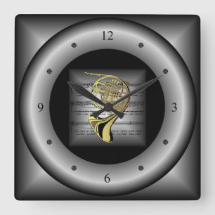 Franse Horn ~ 3D-vel muziek ~ Pillow Silver/Black Vierkante Klok