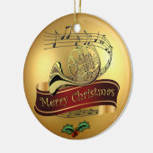 Franse Horn~Musical Scroll~ Gold Merry Kerst~ Keramisch Ornament (Links)