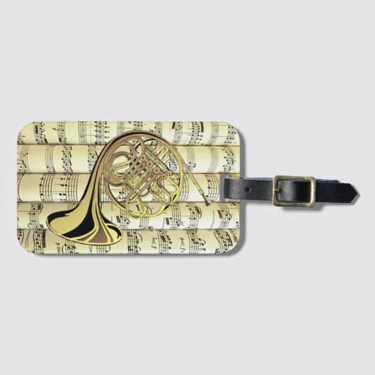 Franse Horn on Rolling Sheet Music ~ Bagagelabel (Voorkant (horizontaal))