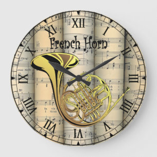 Franse Horn~ Rollend  Blad Muziek ~ Unieke Grote Klok