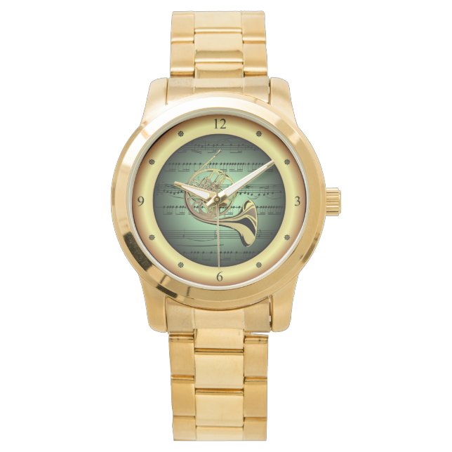 Franse Horn ~ Sheet Music ~ Green/Gold Background Horloge (Voorkant)