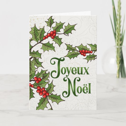 Franse Joyeux Noel rode en groene Holly bessen Feestdagen Kaart (Voorkant)