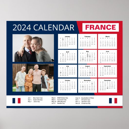 Franse kalender in het Engels | Voeg je foto 2024 Poster (Voorkant)