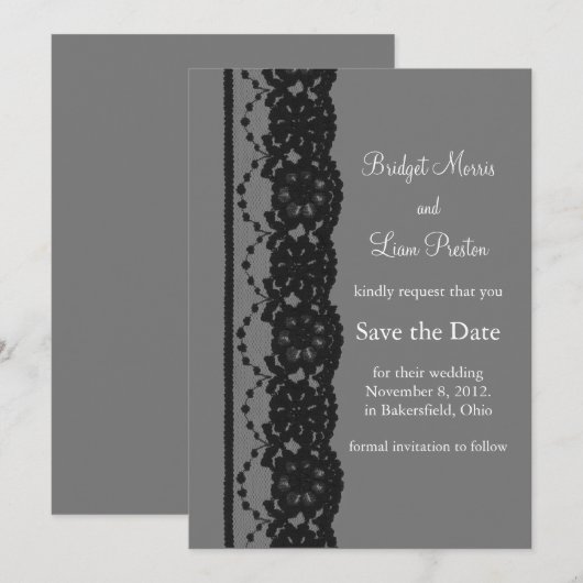 Franse kant Sla de datum op (grijs) Save The Date (Voorkant / Achterkant)