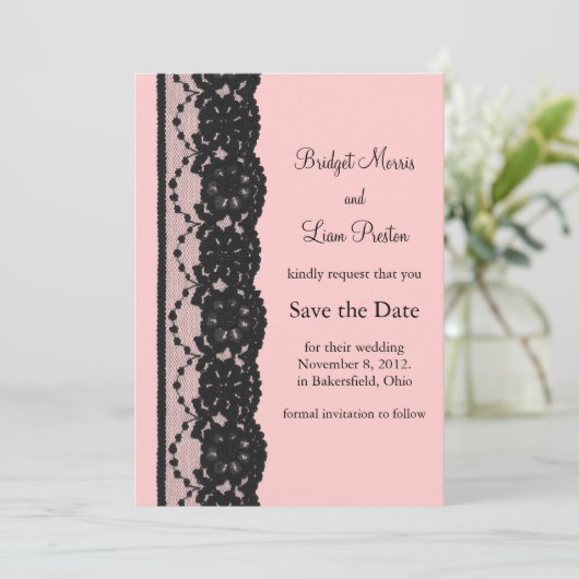 Franse kant Sla de datum op (roze) Save The Date (Staand voorkant)