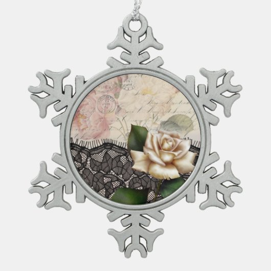 franse kant Victoriaans witte roos Tin Sneeuwvlok Ornament (Voorkant)