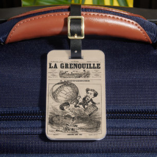 Franse karikatuur van ballonvaarder in heteluchtba bagagelabel