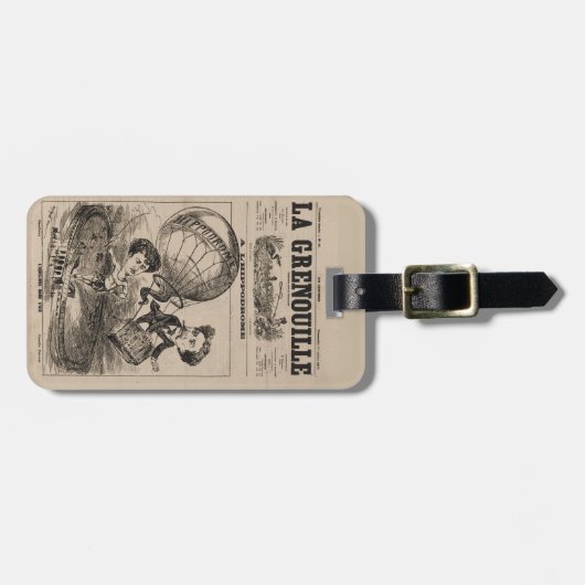 Franse karikatuur van ballonvaarder in heteluchtba bagagelabel (Voorkant horizontaal)