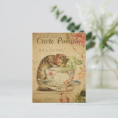  Franse kat Drink de Tea Cup Briefkaart (Staand voorkant)