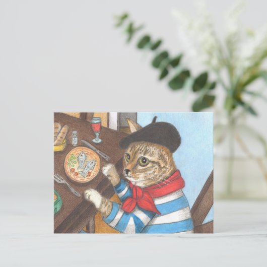 Franse kat geniet van een heerlijk visdiner briefkaart (Staand voorkant)