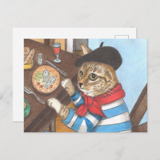 Franse kat geniet van een heerlijk visdiner briefkaart (Voorkant / Achterkant)