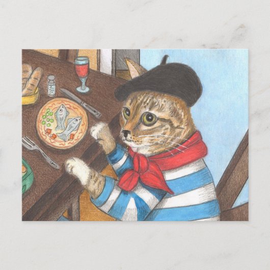 Franse kat geniet van een heerlijk visdiner briefkaart (Voorkant)