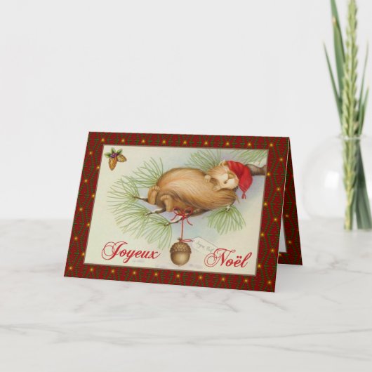 Franse kerst, eekhoorn, pijnboom en eikel feestdagen kaart (Voorkant)