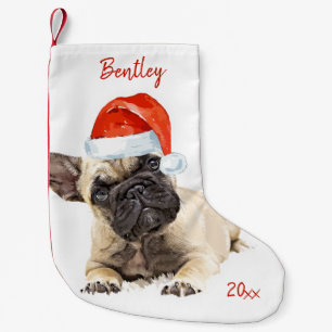 Franse kersthond Bulldog Santa Dog Cute Puppy Kers Kleine Kerstsok