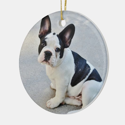 Franse kerstversiering met bulledog met uw foto keramisch ornament (Links)