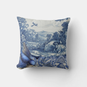 Franse Koe Bird Trees Blue en White Toile Collage Kussen