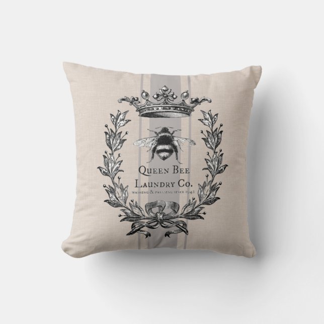 Franse koningin Bee, grijze gestreept faux graanza Kussen (Voorkant)