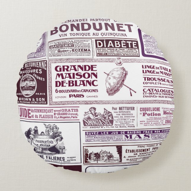  Franse krant Ads 1910 Rond Kussen (Voorkant)