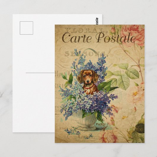  Franse kunstdrukken, honden Floral Briefkaart (Voorkant / Achterkant)