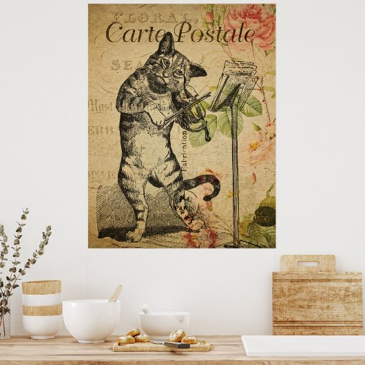  Franse kunstdrukken, kat en fiets Poster (Keuken)