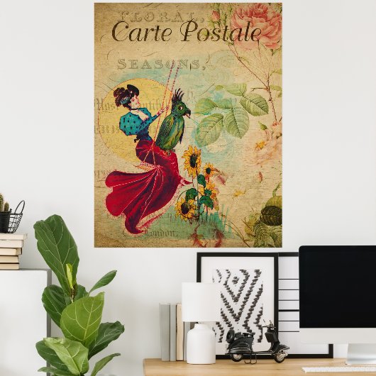 Franse kunstdrukken, retrovrouwen en vogels Poster (Thuiskantoor)
