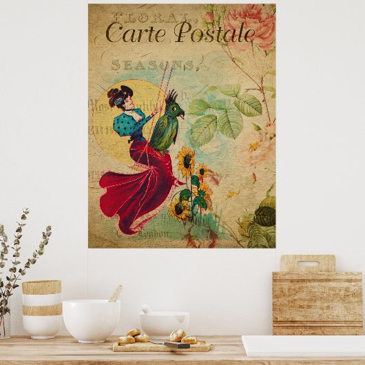 Franse kunstdrukken, retrovrouwen en vogels Poster (Keuken)