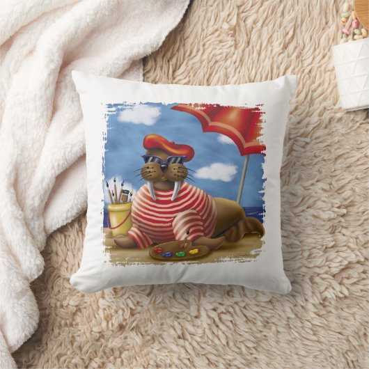 Franse Kunstenaar Walrus – Leuke strand schilderij Kussen (Deken)