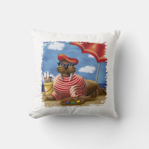 Franse Kunstenaar Walrus – Leuke strand schilderij Kussen