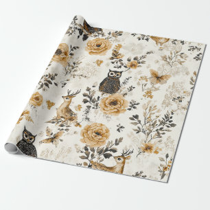 Franse landelijke beige uil bloempatroon cadeaupapier