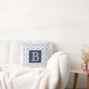 Franse landelijke blauwe en witte monogramkussen kussen