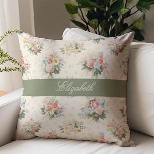 Franse Landelijke Bloemrijke Script Monogram Naam  Kussen