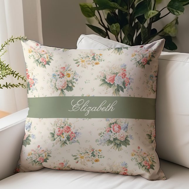 Franse Landelijke Bloemrijke Script Monogram Naam  Kussen (Creator heeft geüpload)