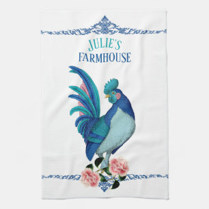 Franse landelijke boerderij haan blauw turquoise r theedoek