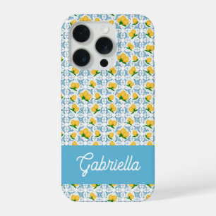 Franse landelijke citroenen blauwe tegel monogram iPhone 15 pro case