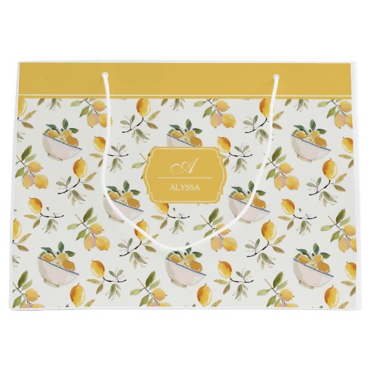Franse landelijke citroenpatroon monogram cadeauta groot cadeauzakje (Voorkant)
