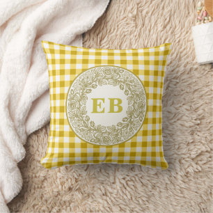 Franse Landelijke Gele Gingham Roos Monogram Kussen