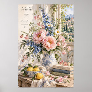 Franse landelijke roze pioenroos citroen bloemig w poster